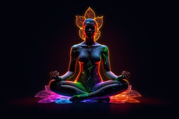 The Woman in Lotus Pose: A Coloured Neon Glow in the Dark, Generative AI