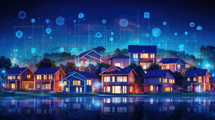 Illustration of houses / neighborhoods with technical theme / smart houses. Could be used to illustrate broadband, internet services, smart meters, house connectivity. - obrazy, fototapety, plakaty