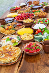 Homemade Romanian Food with grilled meat, polenta and vegetables Platter on camping. Romantic traditional moldavian food outside on the wood table.