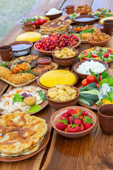 Homemade Romanian Food with grilled meat, polenta and vegetables Platter on camping. Romantic traditional moldavian food outside on the wood table.