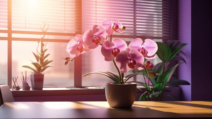 Professional Office Backdrop with Orchid and Bonsai Tree. Postprocessing Enhanced.