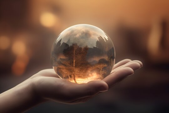 glass ball with burning trees inside, blurred background, forest destruction concept, generative ai generated