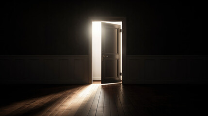 A Mysterious & Eerie Door in a Dark Room Opens and Slowly Fills the Space with Soft Bright White Light. With Licensed Generative AI Technology Assistance.