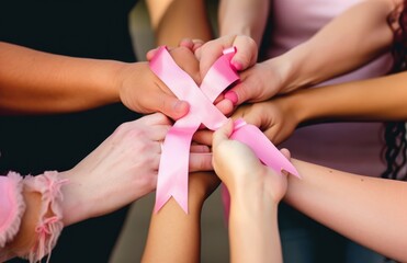 Obraz na płótnie Canvas People holding together a pink ribbon. Generative ai
