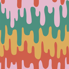 1970 Retro Trippy Seamless Pattern. Vintage Fluid in Green, Pink, Yellow and Red Colors. Vector Hippie Aesthetic. Flat Design. Texture with Flowing Waves. Abstract Vector Swirl Background.