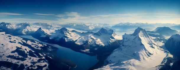 Beautiful panoramic view of snowy mountains. Panoramic mountain landscape. Generative AI