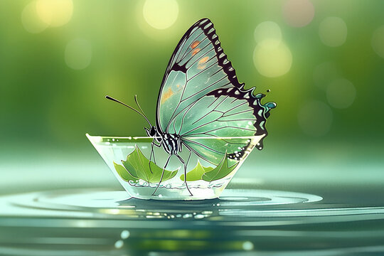 Green butterfly in water container, generative ai