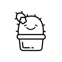 Cute cactus with a flower in a pot. Smiling cactus character. Design element for children's prints, stickers. Spiny house plants. Vector illustration in doodle style