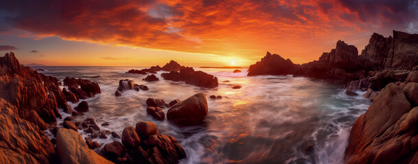 Fototapeta na wymiar Beautiful seascape at sunset. Long exposure shot. Seascape with rocks and waves. Generative AI
