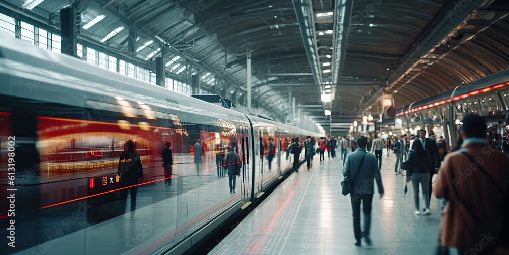 Poster ai-created busy train station scene with facial recognition technology