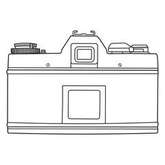 Hand drawing old SLR vintage film photo camera. Rear view, back side. Isolated doodle vector illustration