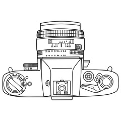 Hand drawing old SLR vintage film photo camera. Top view, top side. Isolated doodle vector illustration