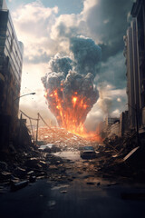 Scenario background of a city destroyed by fire explosions in an apocalyptic environment Generative AI Illustration