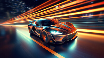 A futuristic sports car on a neon highway, showcasing powerful acceleration with mesmerizing colorful light trails