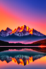 Fototapeta premium The majestic mountains serve as a dramatic backdrop, their peaks reaching towards the sky. The warm hues of the setting sun paint the sky with vibrant shades of orange, pink, and purple.