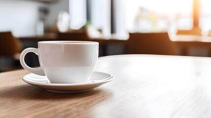 Une tasse de café posée sur une table - obrazy, fototapety, plakaty