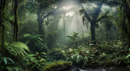 AI-created aerial panorama of foggy rainforest landscape