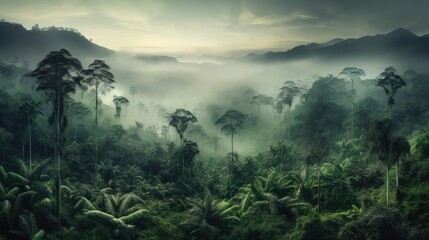 Foggy rainforest: AI-generated panoramic aerial view