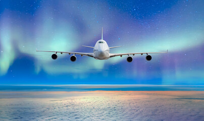 Fototapeta na wymiar Northern Lights (Aurora Borealis) with commercial passenger airplane