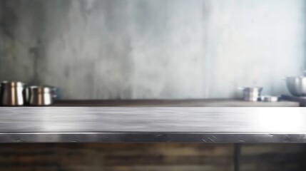 AI crafted empty table with blurred modern restaurant kitchen backdrop