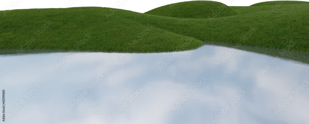 Poster realistic grass plain and river. 3d rendering of isolated objects.