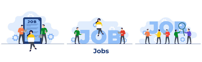 Set of job search flat illustrations, Job candidates seeking job opportunities, Recruitment, HR, Hiring employees concepts for landing page, web banner, social media, infographic, mobile app