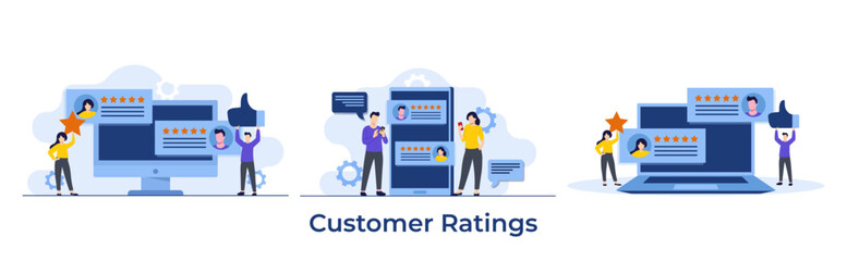 Obraz na płótnie Canvas Set of customer review evaluation concepts, Application rating concept, Clients giving rating, customer feedback and reviews, Users leaving likes and stars, Satisfaction concept, Business Success