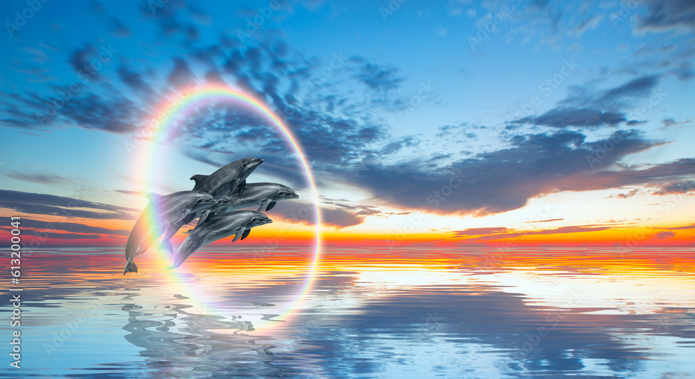 Poster group of dolphins jumping up from the sea amazing sunset in the background with rounde rainbow