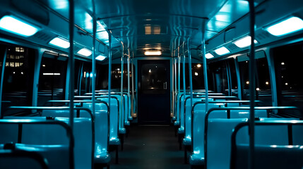 Fototapeta premium Empty interior of public transport at night, generative AI.