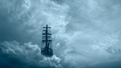 Obraz premium Flying old ship in the stormy dark clouds