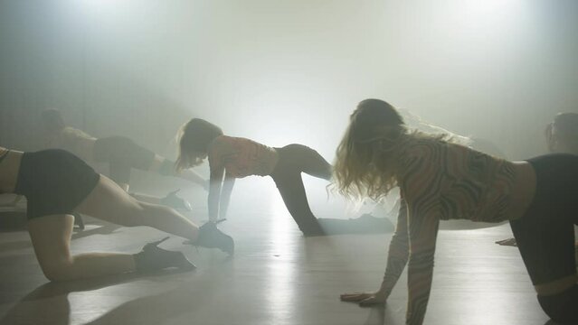A group of women in high heels perform a dance, showing their confidence, sexuality and femininity in every movement. . High quality 4k footage