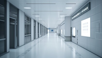 Empty corridor in modern hospital with information counter and hospital bed in rooms.3d rendering
