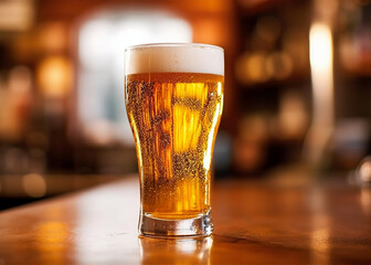 A pint of beer in the bar, close up to the beer, beer in a glass