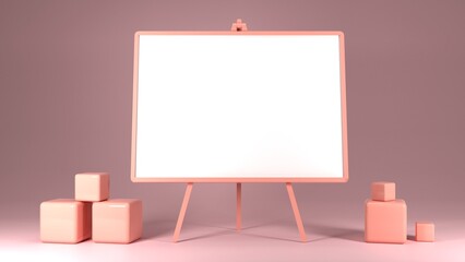 Empty information board on a orange background with a few primitive shapes