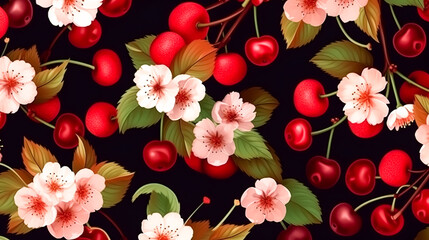 Fototapeta premium Drawn background with cherry blossoms and berries, generative AI.