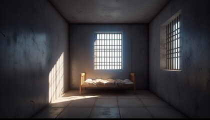 Prison cell with rays of light from the window.3d rendering - obrazy, fototapety, plakaty
