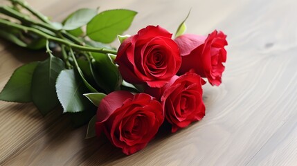 Bouquet de roses rouge sur une table en bois