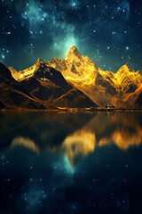 Golden fantasy starry sky at night, towering mountains, clear sparkling lake surface. AI generative