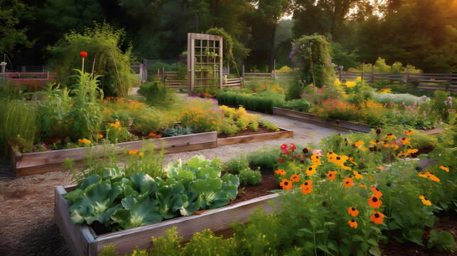 Step into the serene garden retreat, where the beauty of gardening and vegetables takes center stage. Sun-kissed petals unfurl, showcasing the delicate artistry of nature. Generative AI