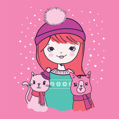 Hand drawn beautiful, cute, little girl with pretty cat and dog on pink background. Vector illustration.
