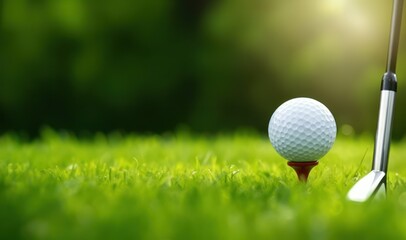 Golf ball and golf club on green grass with bokeh background, Generative AI