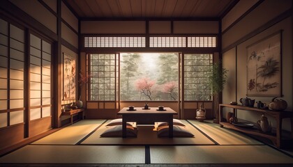 Traditional japanese tea room interior with tatami mats. 3d rendering - obrazy, fototapety, plakaty