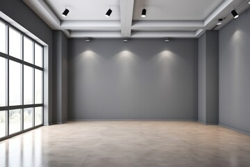 Interior of modern empty room with gray walls, wooden floor and white ceiling, Generative AI