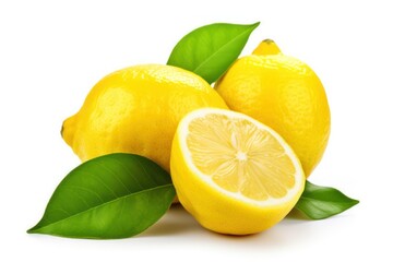 Lemons with leaves isolated on white background, Generative AI