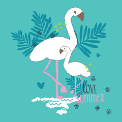 Vector illustration of flamingos in palms 
