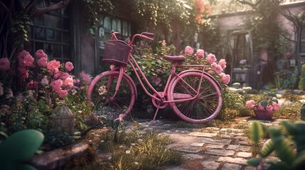 Fototapeta na wymiar Old pink bike in the garden, generative AI.