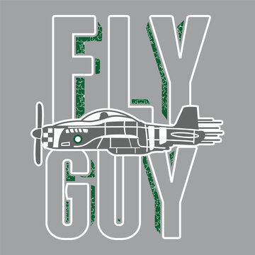 Fly Guy Art. Inspired In World War II Combat Air Plane With Wings And Stars, Ideal For T Shirt And Stamps. Vector Illustrator
