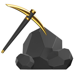 3d icon of a chunk of black rock and a pickaxe mining it