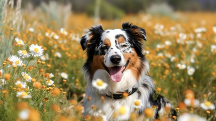 Funny dog in a field among flowers, generative AI.