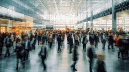 Dynamic Airport Terminal: Rushing People in Motion Blur. Generative AI.